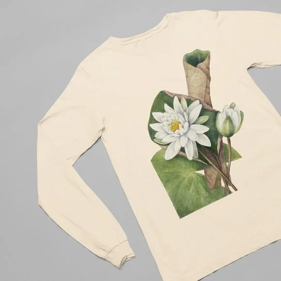 American White Waterlily Floral Print Long Sleeve Graphic Tee T-shirt S M L XL - Picture 2 of 6